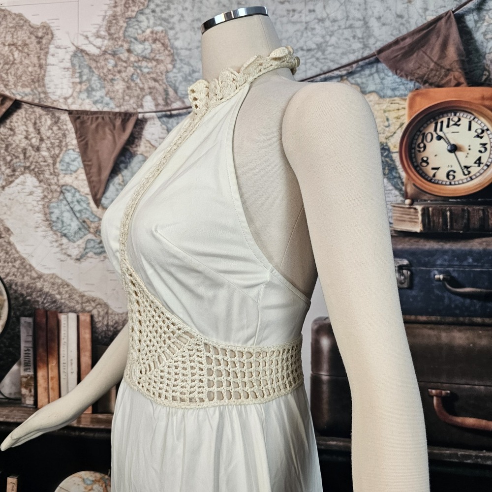 Vintage 1970s Dress Maxi Floor Length Cream Colored Crochet Neckline Inserts - Picture 4 of 15